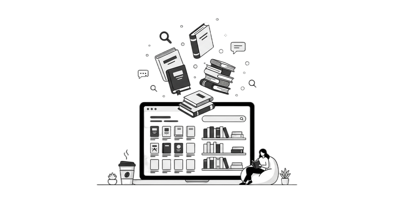 Illustration of a digital library with books, journals and a reader